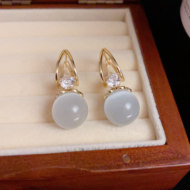 14K Gold Cat Eye Sphere Earrings - Chic Elegance Design