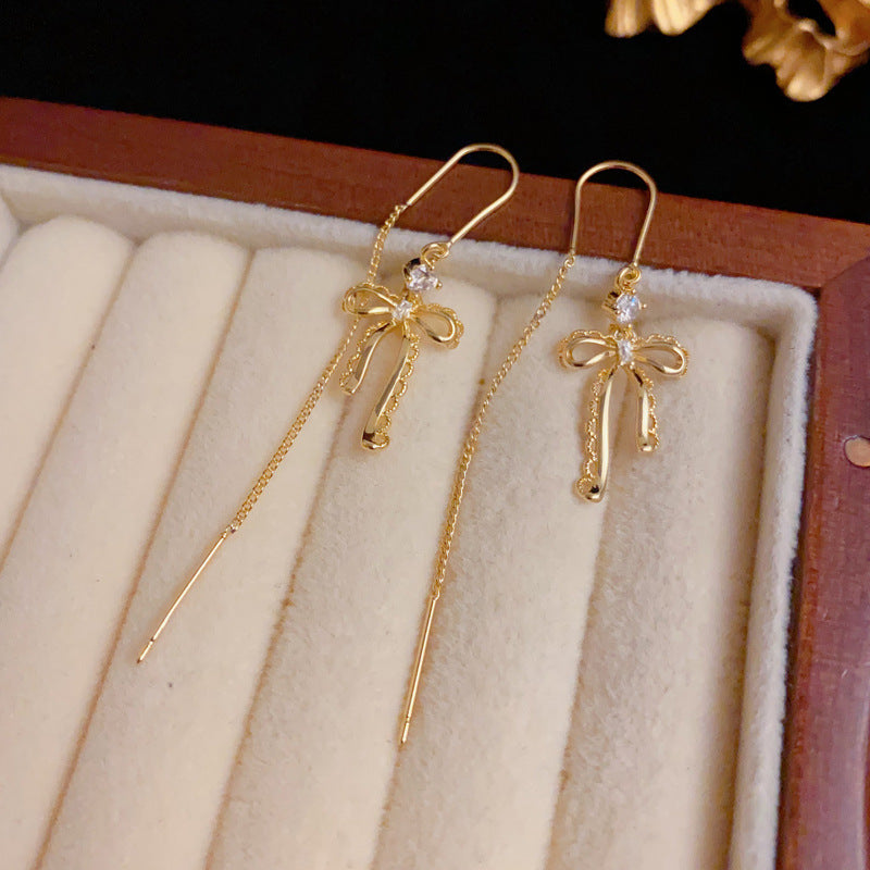 Luxury Metal Lace Bow Threader Earrings – Elegant Design