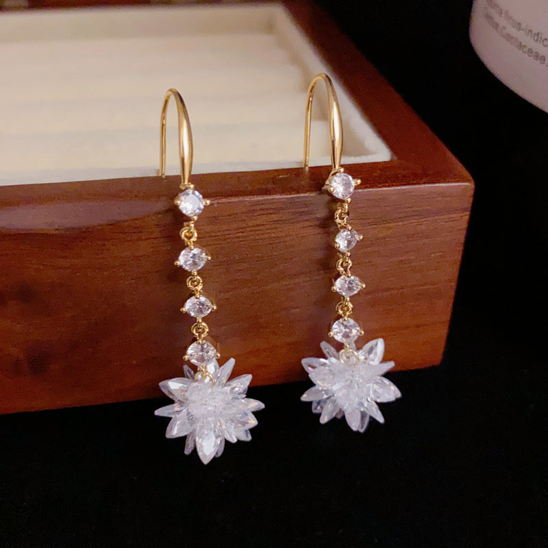 14K Gold-Plated Zircon Tassel Ice Flower Drop Earrings - Chic Design