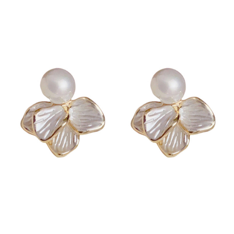 Elegant White Enamel Petal & Pearl Stud Earrings – S925 Silver Needle