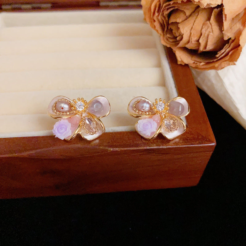 Luxury Handcrafted Flower, Pearl & Bow Stud Earrings – Elegant Design
