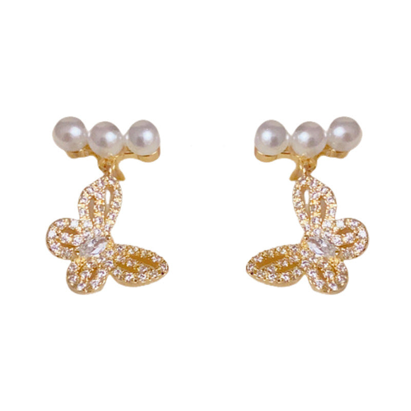 Silver Posts Elegant Pearl Butterfly Drop Earrings – Elegant Design