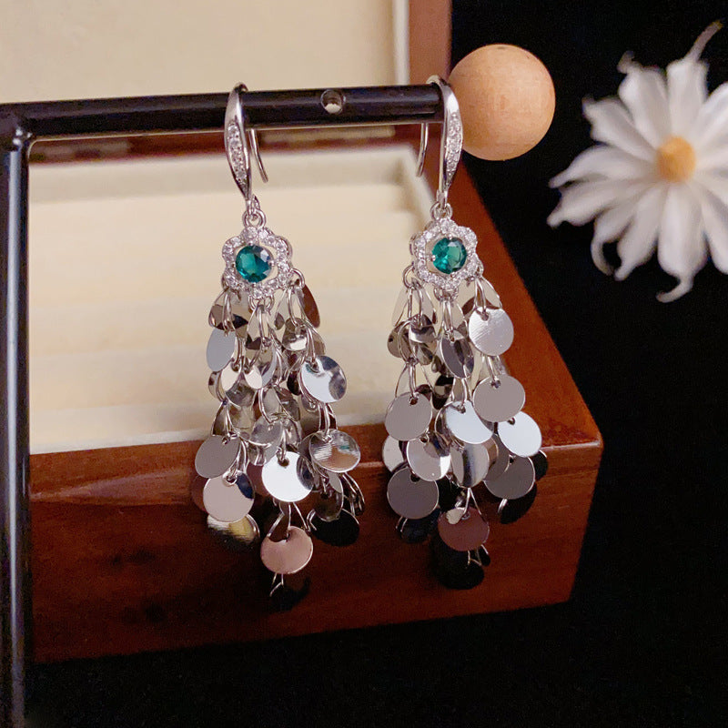 Luxury Zircon Petal Metal Disc Tassel Drop Earrings – Elegant Design
