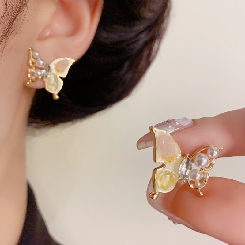 14K Gold-Plated Pearl & Butterfly Stud Earrings – Chic Korean Design