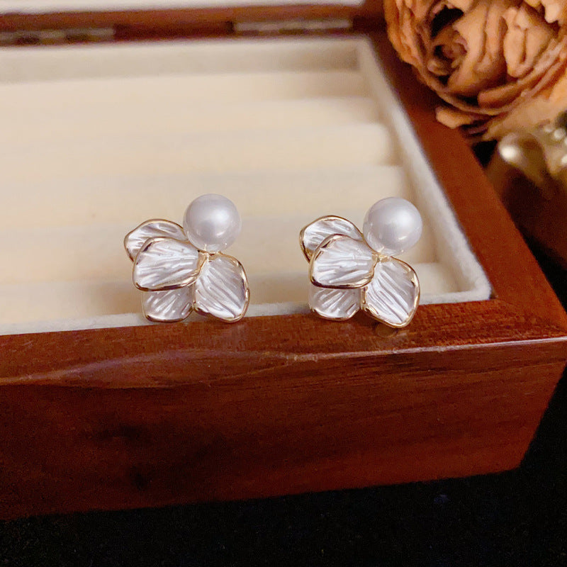 Elegant White Enamel Petal & Pearl Stud Earrings – S925 Silver Needle