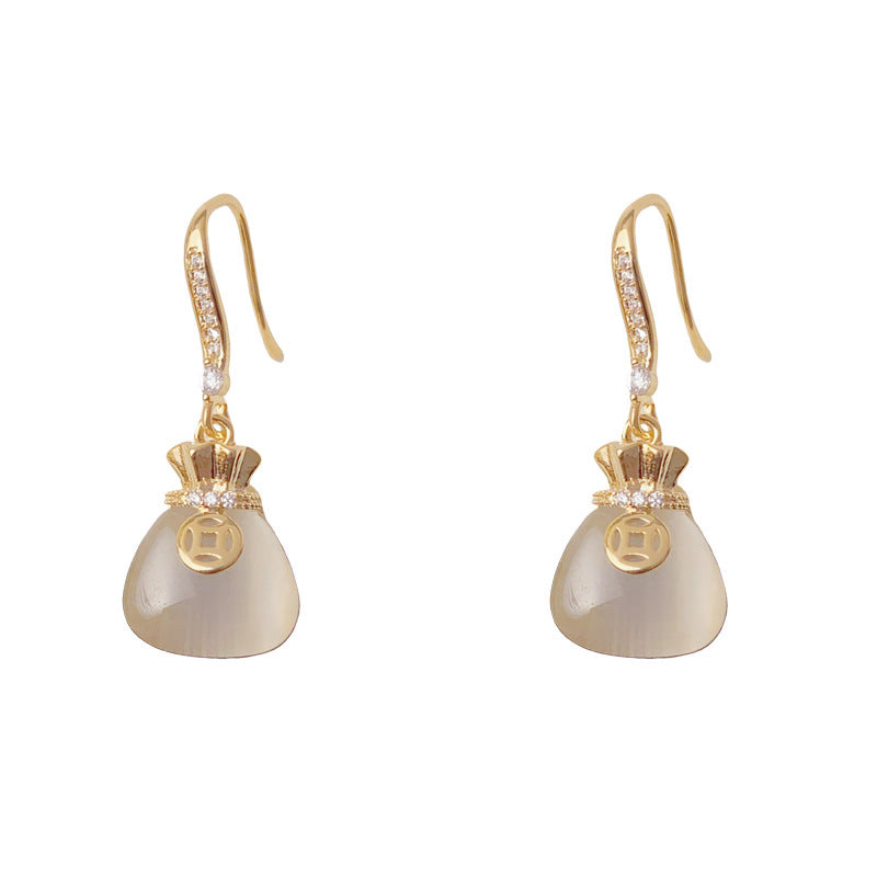 Luxury Cat's Eye Stone Money Bag Hook Earrings – Geometric Design