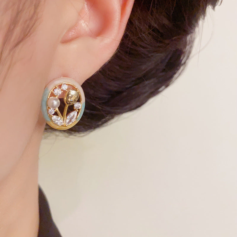 Sweet Enamel Round Tulip & Pearl Stud Earrings – S925 Silver Needle