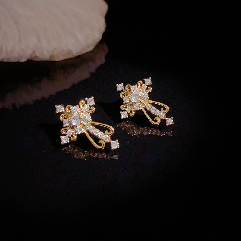 Elegant Full-Zircon Cross Stud Earrings – Geometric Design