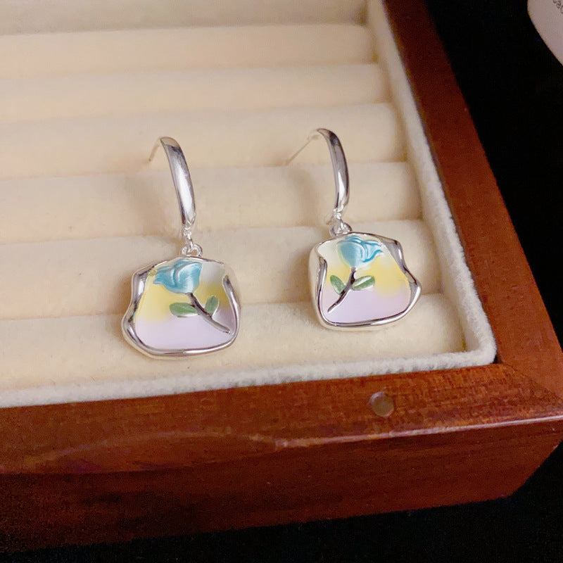 14K Gold Enamel Rose Geometric Drop Earrings – Elegant Floral Design