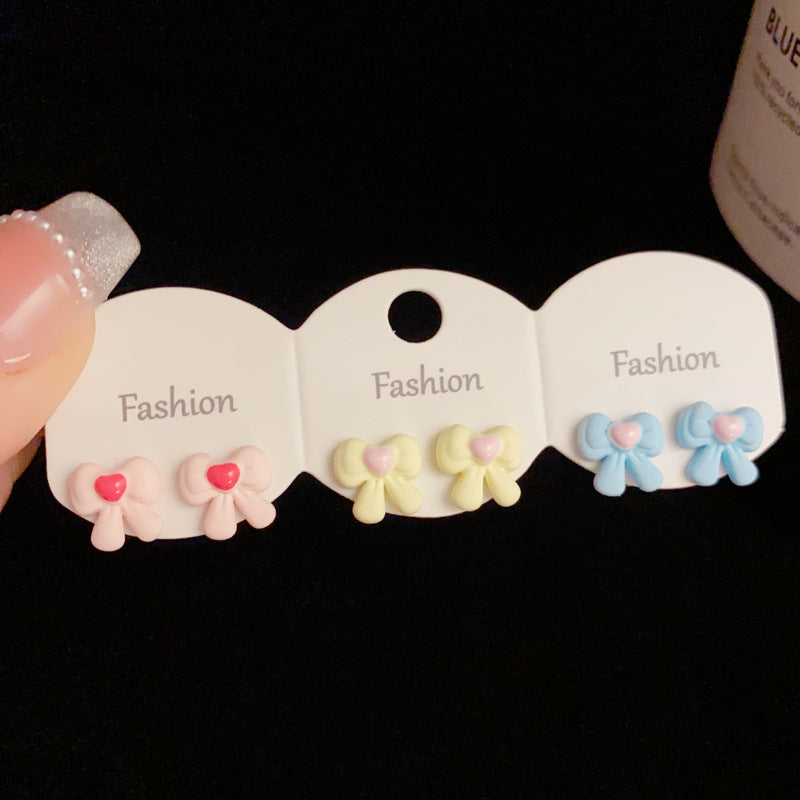 Colorful Bowknot & Heart Bow Set Earrings - Cute Chic Design