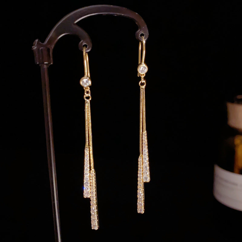 14K Gold Zircon Long Tassel Earrings - Chic Minimalist Design