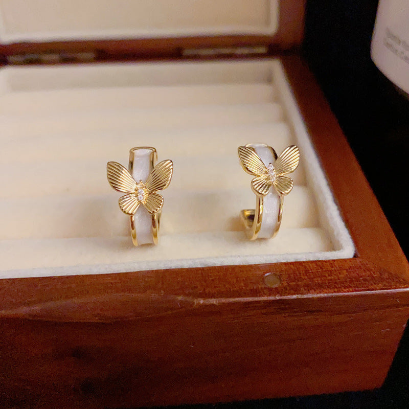 14K Gold-Plated Enamel Butterfly Hoop Earrings – Chic & Unique Design
