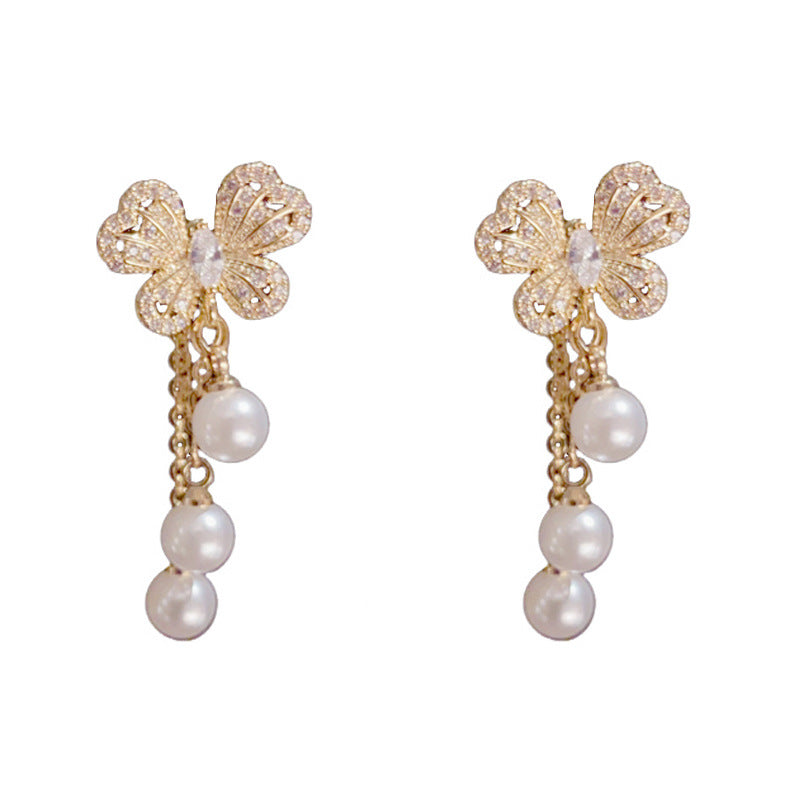 Zircon Butterfly Multi-Wear Pearl Tassel Drop Earrings– Elegant Design
