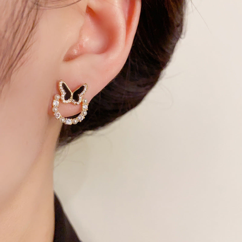 14K Gold-Plated Black Zircon Bead Butterfly Circle Earring - Elegant