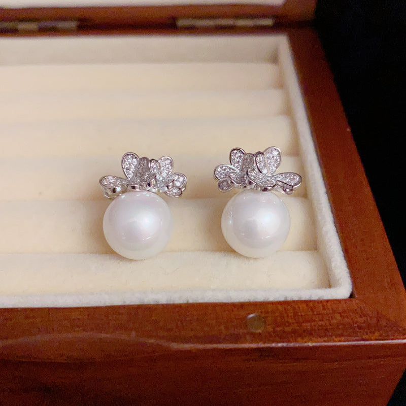 14K Gold-Plated Zircon Flower Pearl Stud Earring - Elegant Design