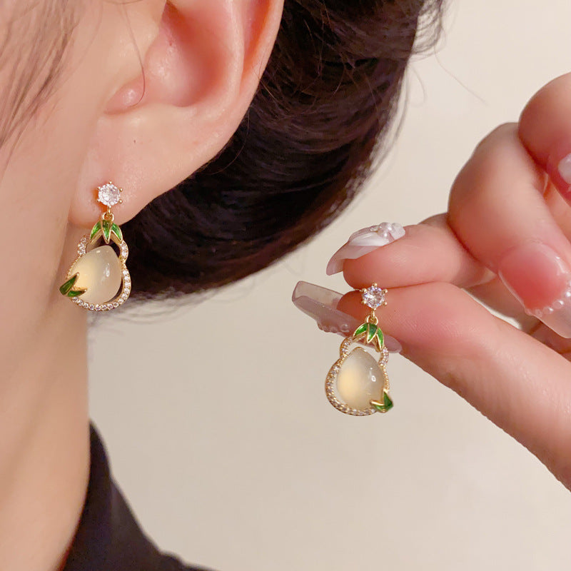 Luxury Zircon Imitation Jade Gourd Stud Earrings – Elegant Design