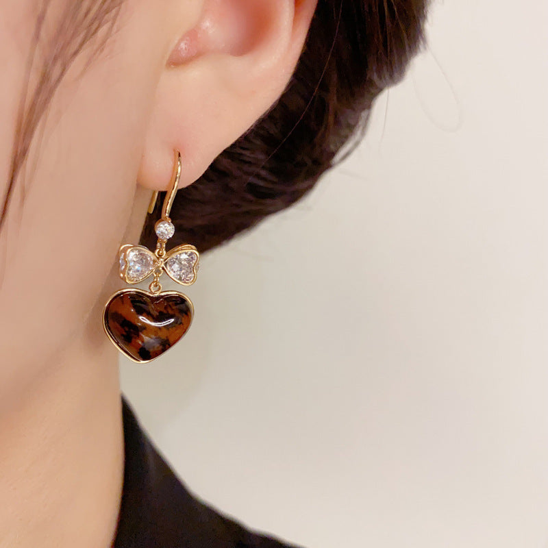 Luxury Bow Leopard Heart Ear Hook Gold Earrings – Elegant Design