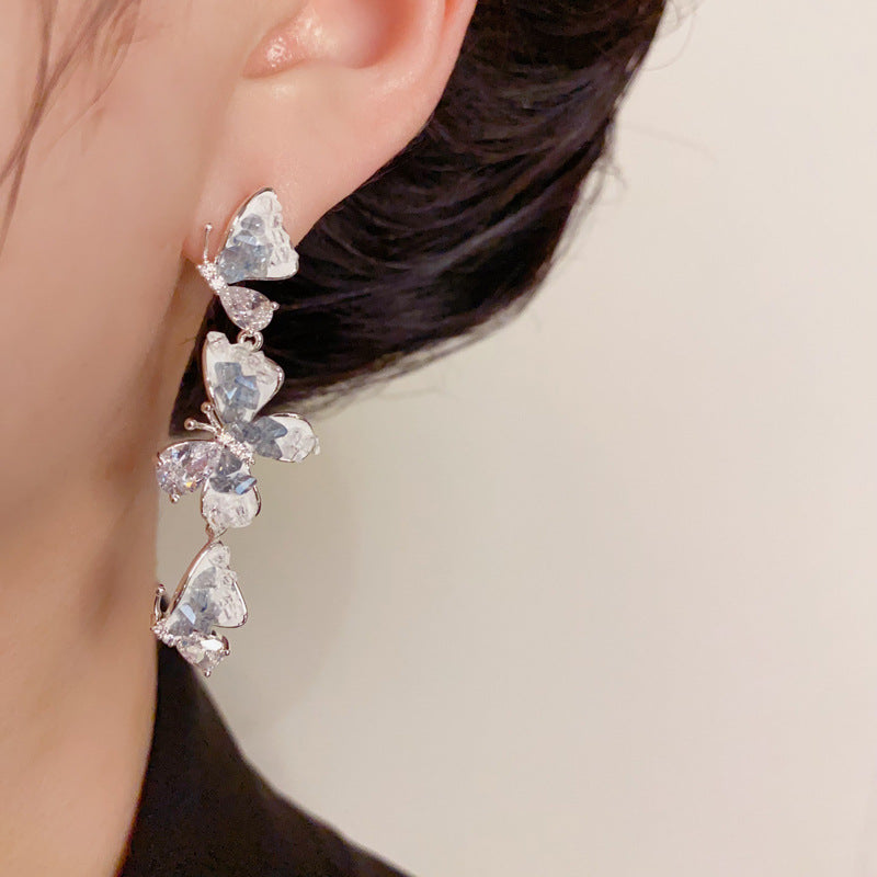 14K Gold Gradient Crystal Butterfly Tassel Earrings – Elegant Design