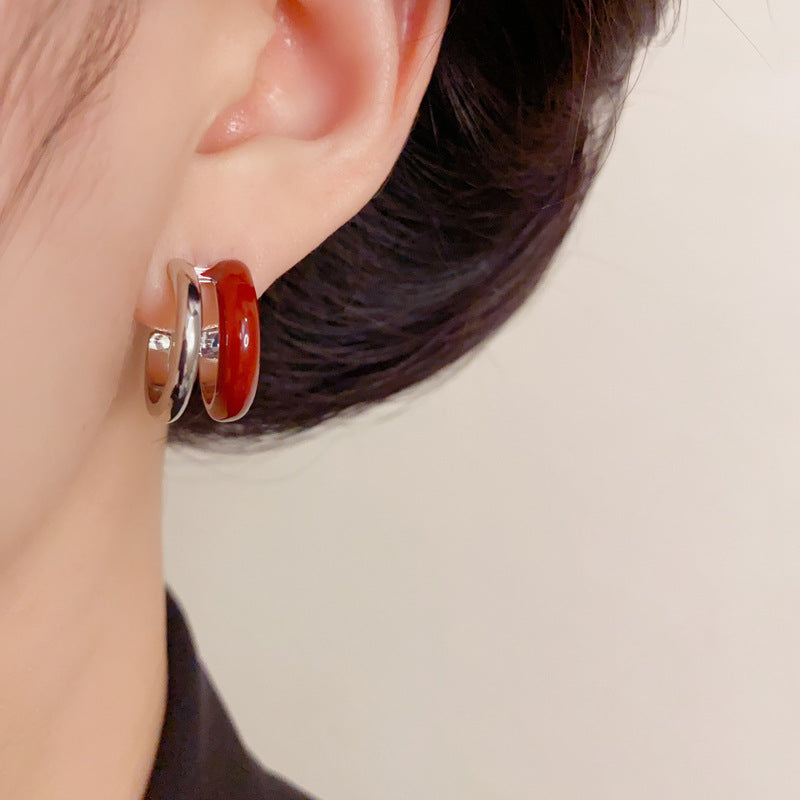 Luxury Double-Layer Red Enamel Hoop Earrings – Elegant Design