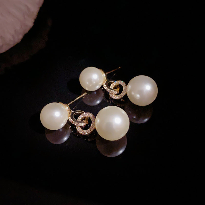 Elegant Zircon Geometric Pearl Drop Earrings – Round Design