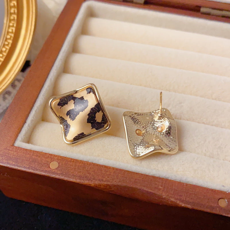 Luxury Irregular Leopard Square Stud Earrings – French Retro Design