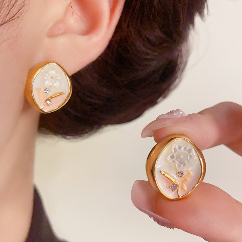 Sweet Gradient Flower Diamond-Shaped Gold Earrings– S925 Silver Needle