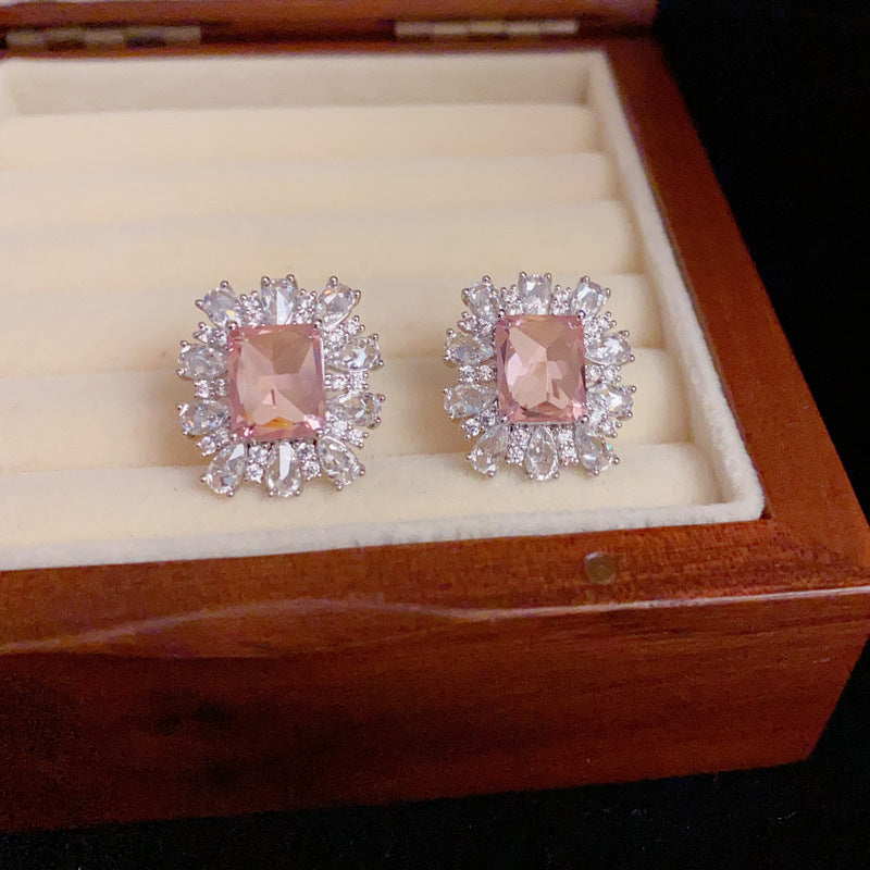Silver-Plated Pink Square Stud Earrings - Dazzling Minimalist Design