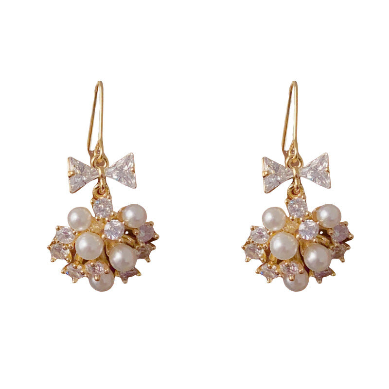 Luxury Bow Zircon Pearl Ball Drop Earrings – Elegant Design
