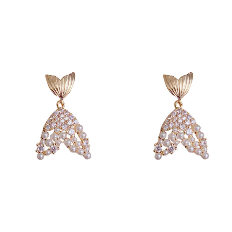 Luxury Zircon & Pearl Fishtail Drop Gold Earrings – Elegant Design