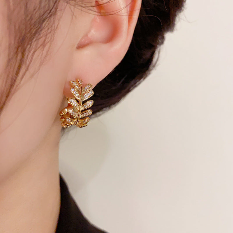 Elegant Micro-Pavé Zircon Leaf Hoop Earrings – Botanical Design