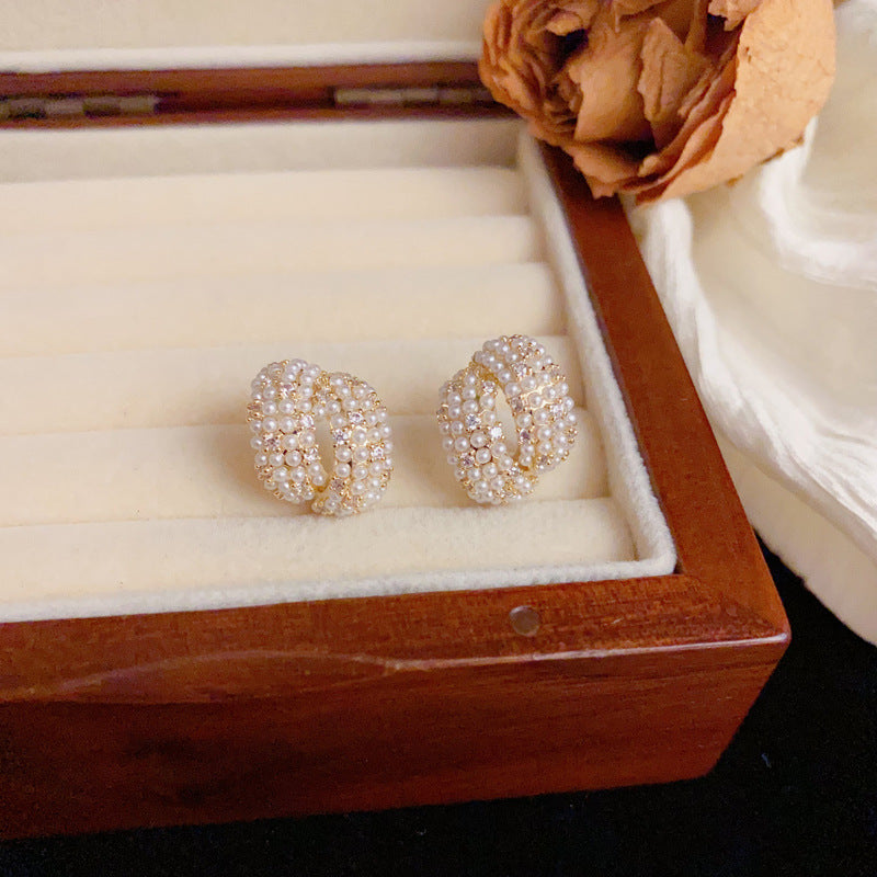 Luxury Geometric Zircon & Pearl Stud Earrings – Elegant Design