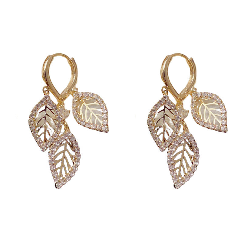 Elegant Zircon Hollow Leaf Tassel Earrings – French Botanical Design