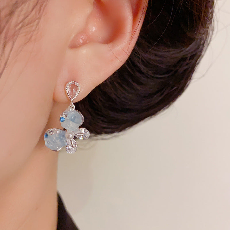 Luxury Blue Crystal Butterfly Drop Sliver Earrings – Elegant Design