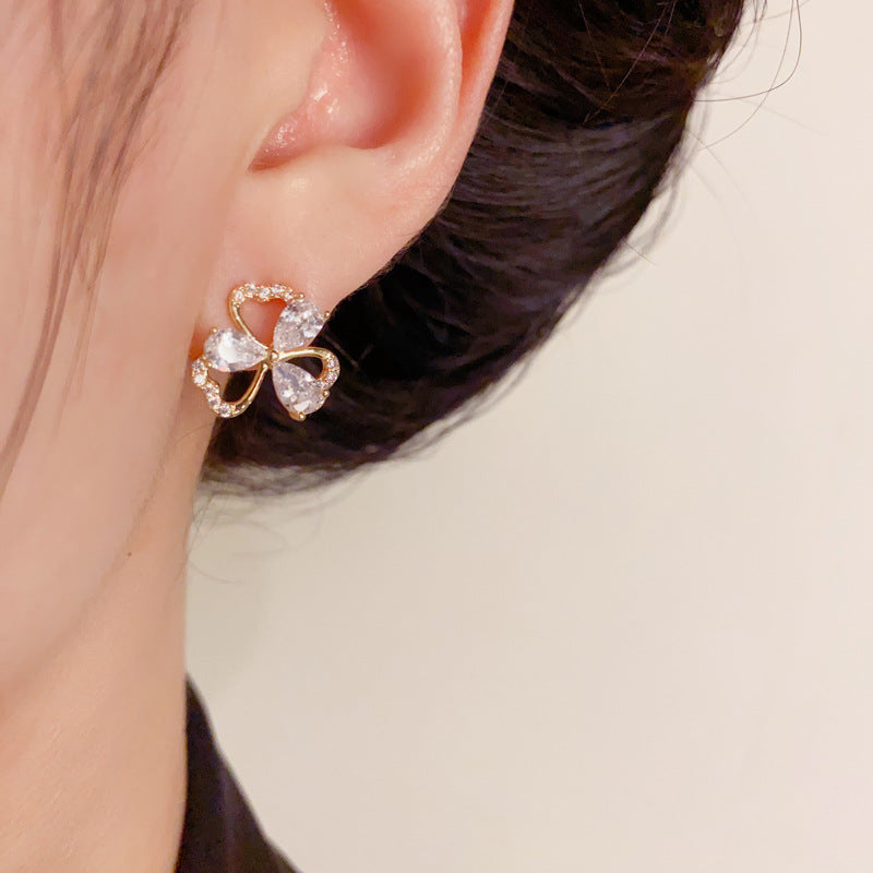 Elegant Zircon Three-Leaf Flower Stud Earrings – Floral Design