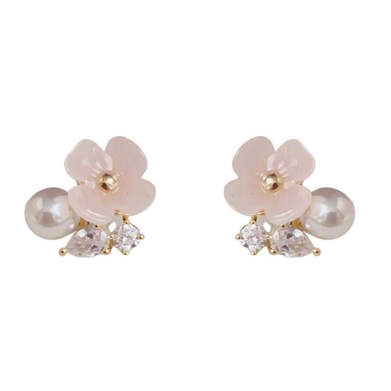 14K Gold Flower & Pearl Stud Earrings – Elegant Floral Design