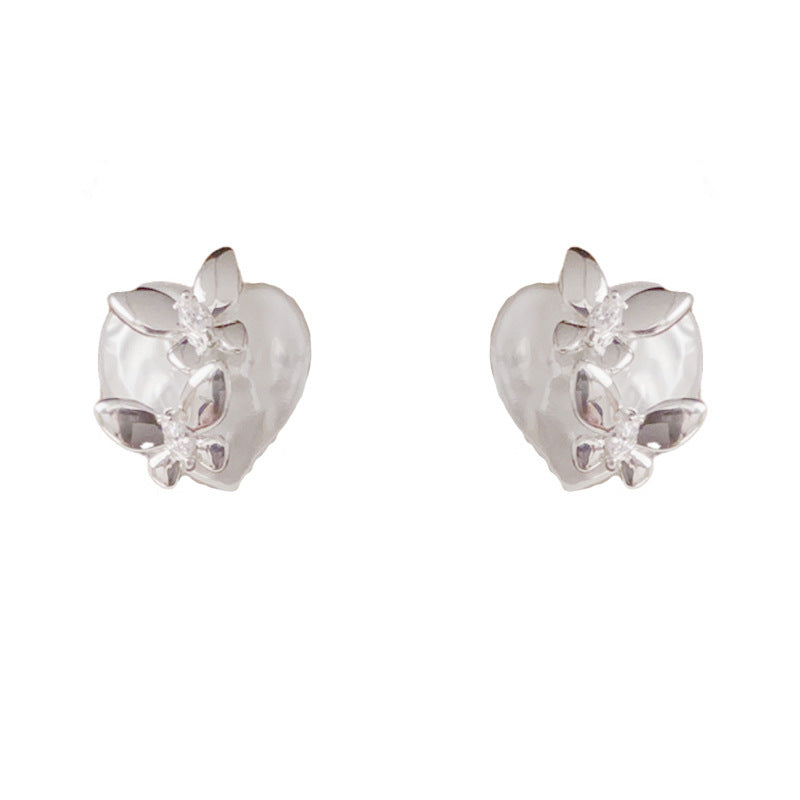 Elegant Thick Silver Butterfly & Heart Stud Earrings – Silver Needle