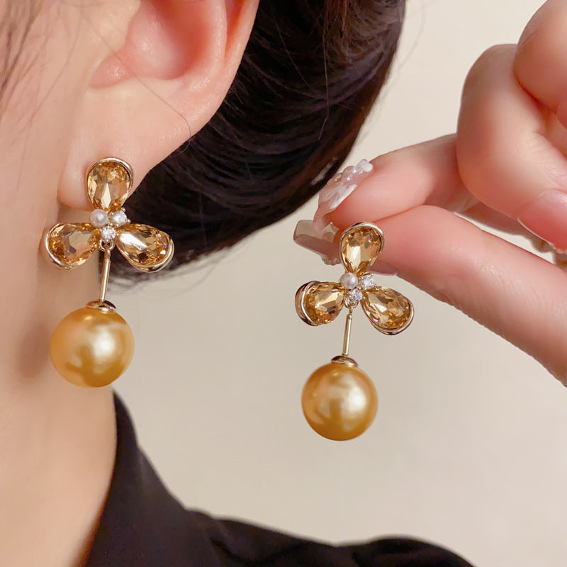 Elegant Zircon Four-Leaf Flower Pearl Drop Earrings – Lucky Design