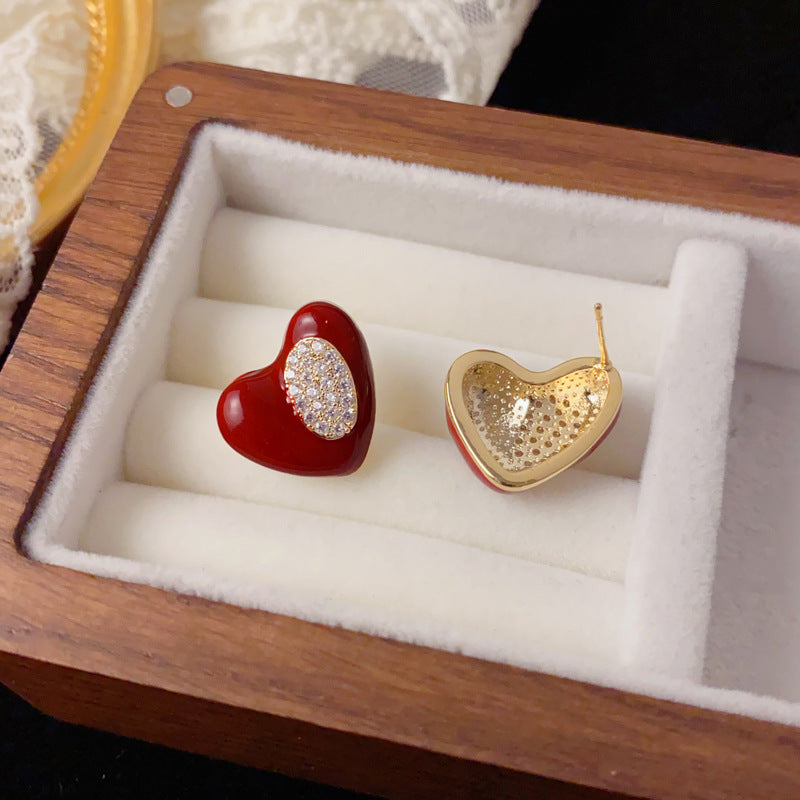 Luxury Red Enamel & Zircon Heart Stud Earrings – Elegant Design