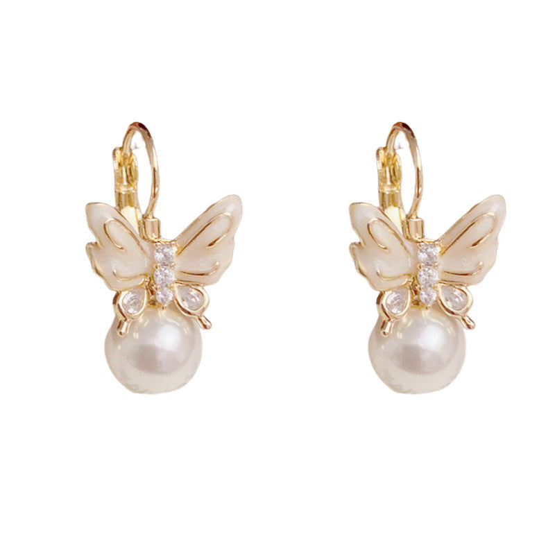 14K Gold Elegant Butterfly & Pearl Earrings – S925 Silver Needle