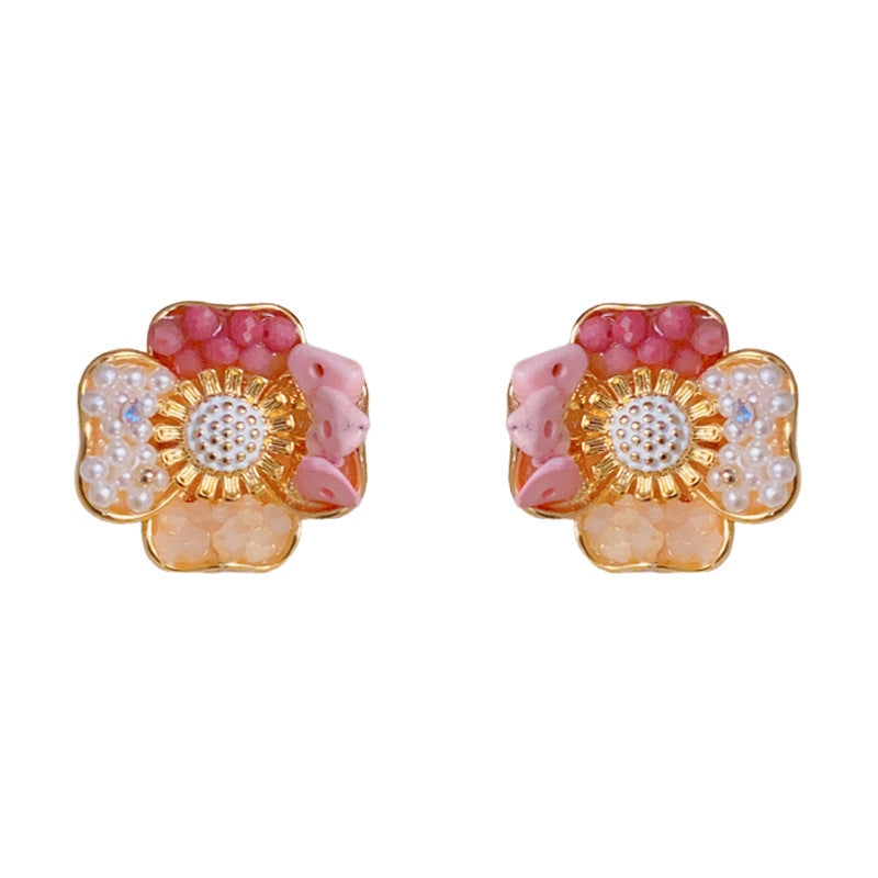 14K Gold Handmade Colorful Four-Leaf Flower Earrings – Elegant Design