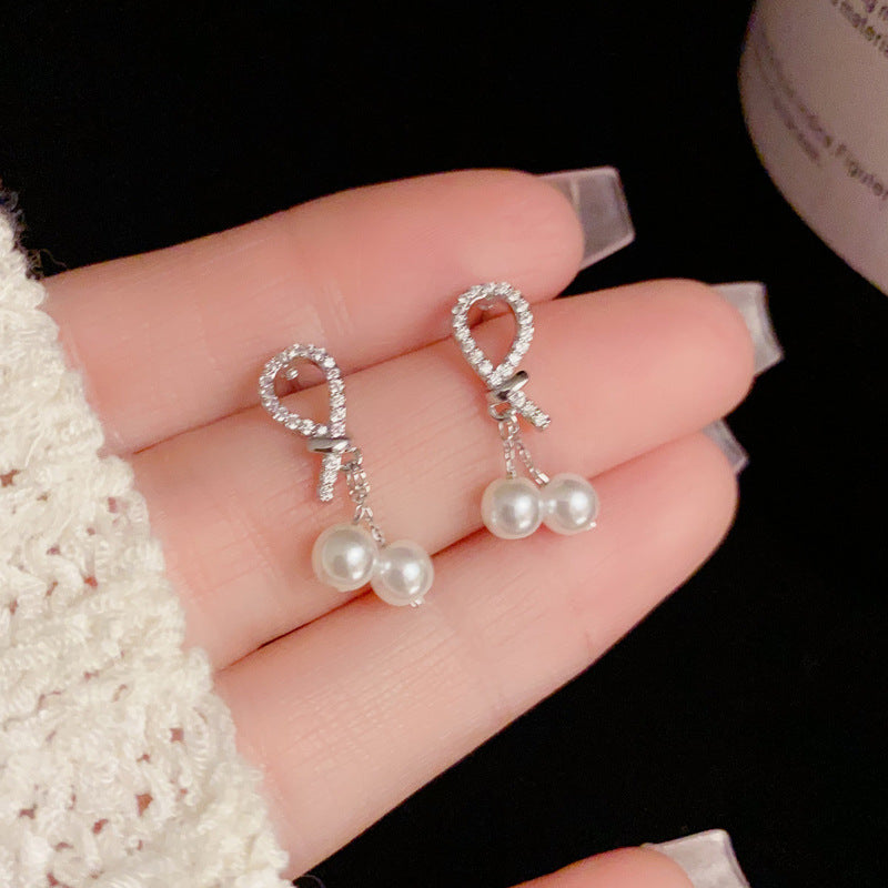 14K Gold-Plated Zircon Knot Pearl Tassel Earrings - Elegant Minimalist