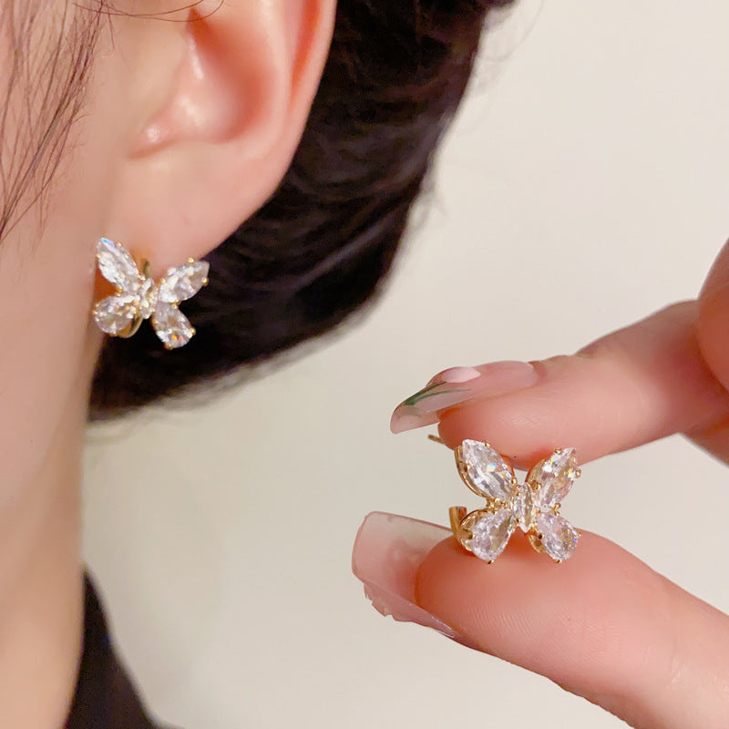 14K Gold Zircon Butterfly C-Shaped Hoop Earrings – Elegant Design