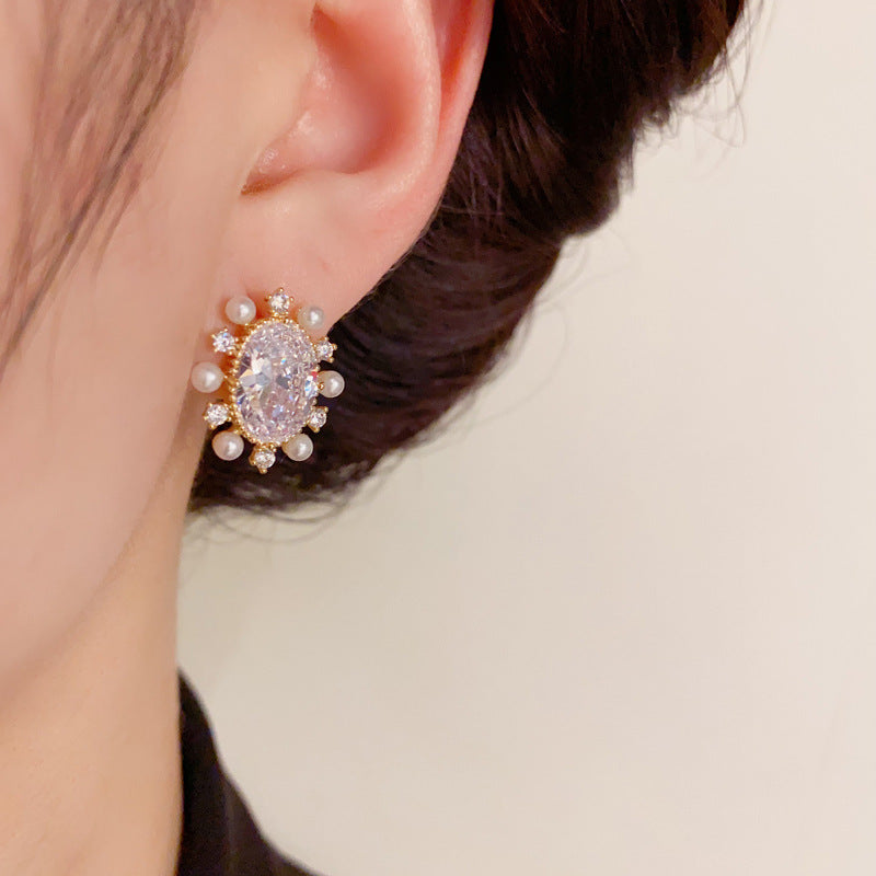 14K Gold-Plated Pearls&Zircon Sunflower Stud Earrings - Elegant Design