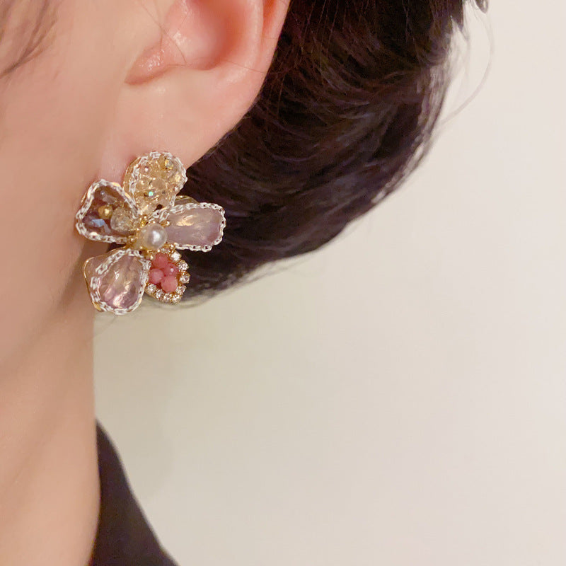 14K Gold-Plated Luxury Crystal Flower Stud Earrings – Floral Design