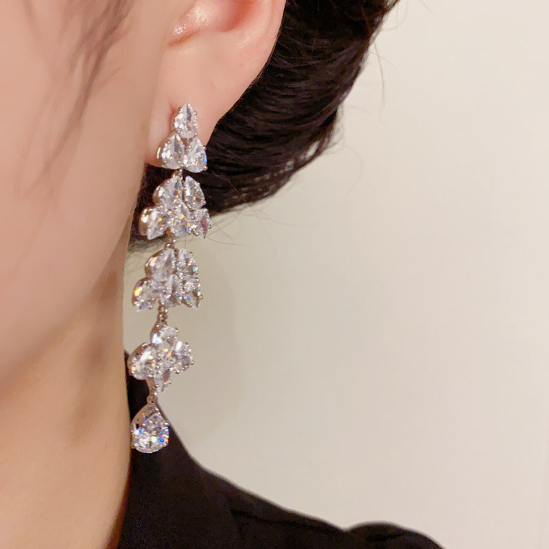14K Gold Full Zircon Leaf Long Tassel Earrings - Chic Elegance Design