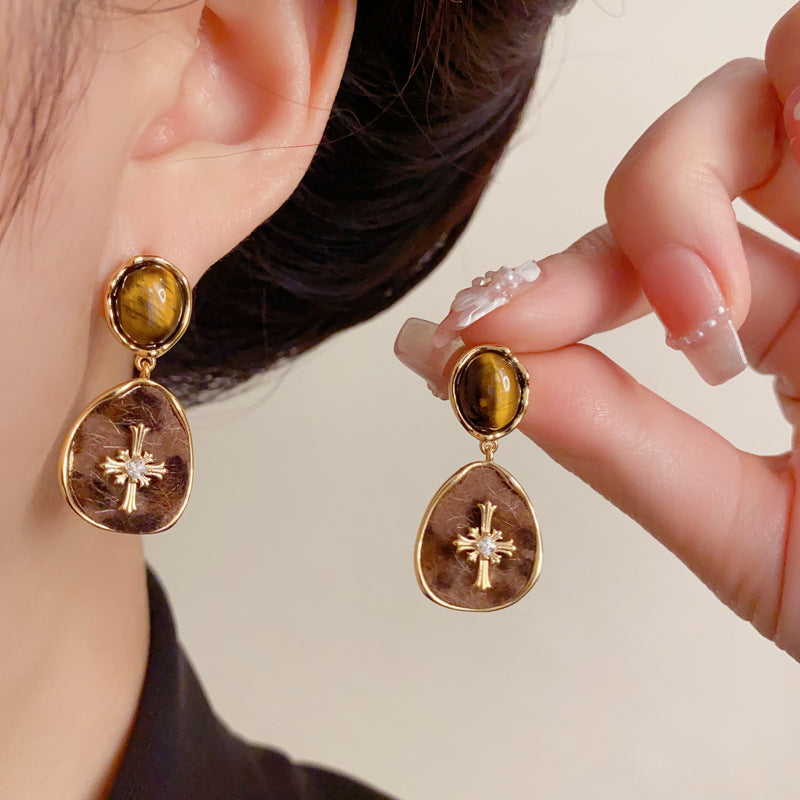 Elegant Tiger’s Eye Leopard Geometric Drop Earrings – French Design