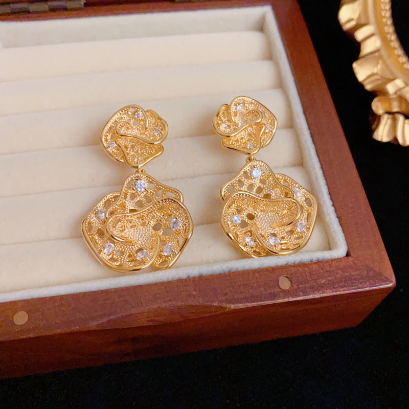 Elegant Metal Hollow 3D Flower Drop Earrings – Floral Design