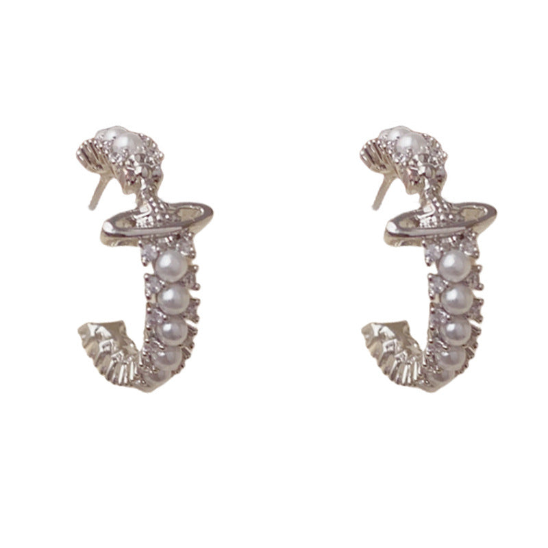 Elegant Full-Zircon Planet Pearl C-Hoop Earrings – Cosmic Design