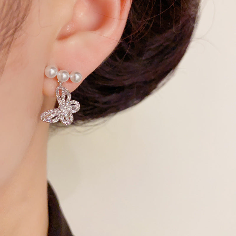Silver Posts Elegant Pearl Butterfly Drop Earrings – Elegant Design