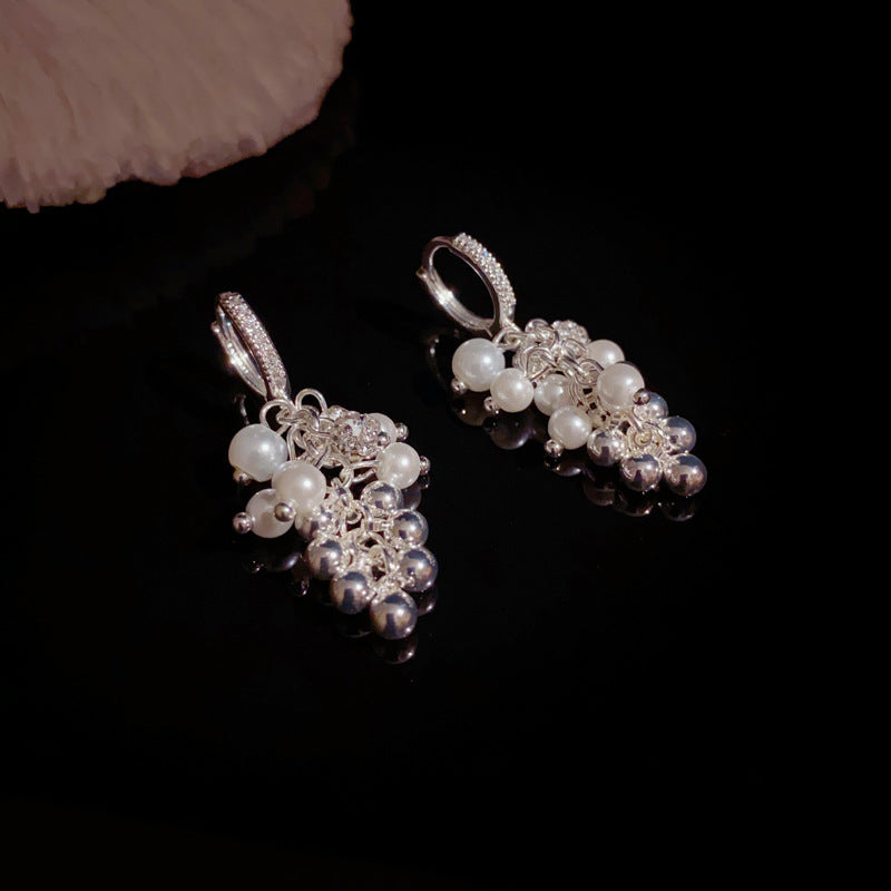 Elegant Pearl & Zircon Ball Tassel Drop Earrings – Geometric Design